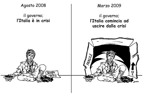 vignetta: povero chiede elemosina e continua a chiedere elemonisina anche se il governo proclama che stiamo uscendo dalla crisi