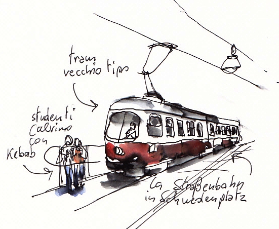 acquerello di Marco Pigni - il tram vicino alla fermata del pullman