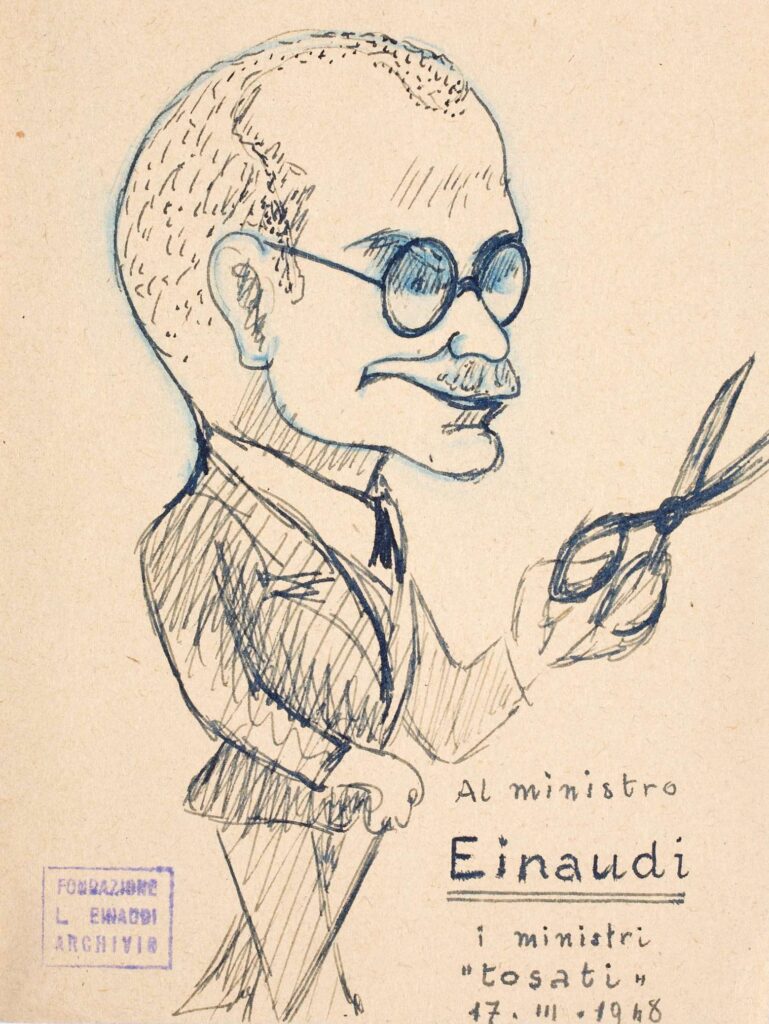 Caricatura di Luigi Einaudi, disegnata da Amintore Fanfani