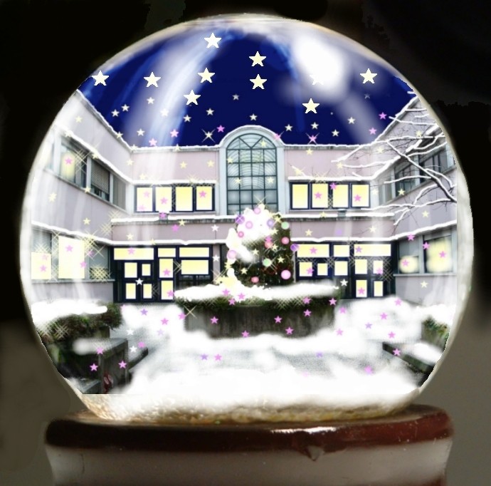 Elaborazione grafica della facciata del Calvino: atmosfera natalizia  e neve dentro una sfera di cristallo - opera del prof. Colavolpe