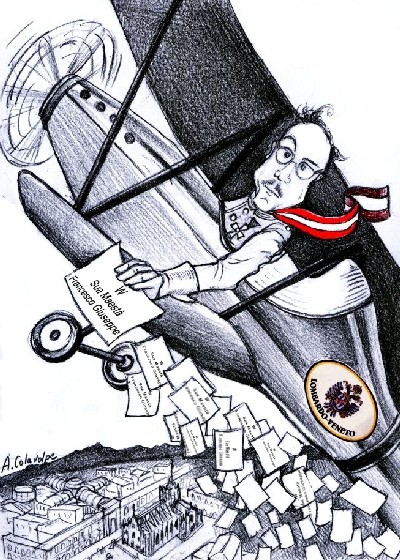 vignetta del prof. Colavolpe con una caricatura del prof. Pigni che, a bordo di un aereo ad elica, lancia su Milano volantini inneggianti a Francesco Giuseppe