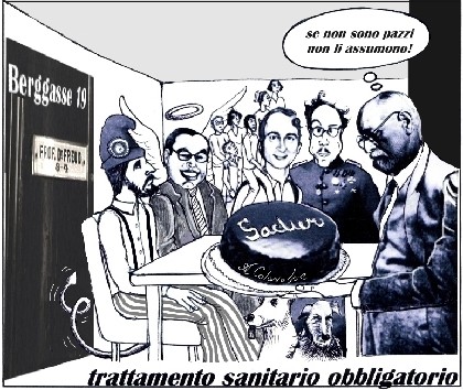 da sinistra, i professori Colavolpe, Paganini, Cappellini, Pigni sono ricevuti dal dottor Freud che offre loro una torta sacher - sotto la vignetta la scritta «Trattamento sanitario obbligatorio»
