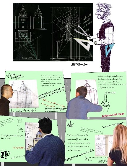 Caricatura del prof Colavolpe alla lavagna e fotografie di studenti davanti ai tavoli da disegno con scritte e disegnini