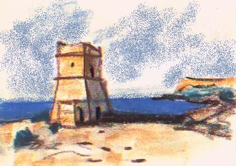 acquerello del professor Pigni raffigurante una torre di Malta, ricordo di uno stage di studio della lingua inglese