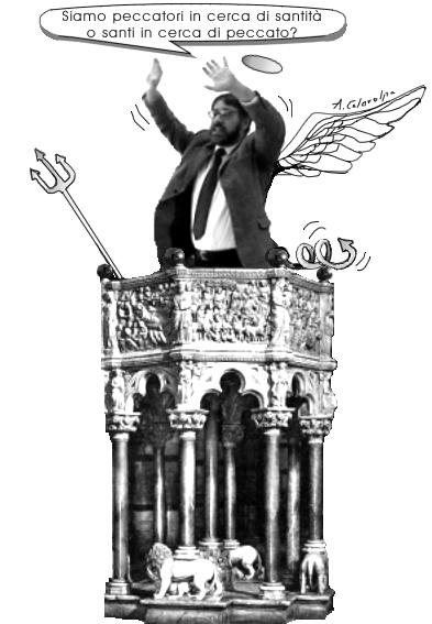 il professor Paganini raffigurato su un pulpito con aureola, ali, coda di demonio e forcone