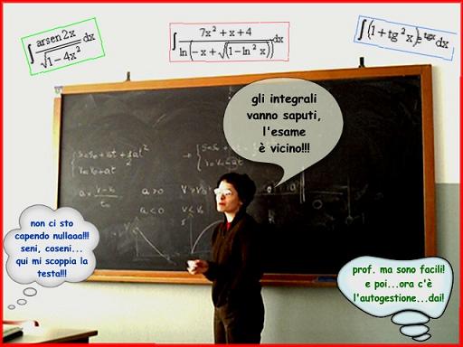 La prof. Tinelli mentre spiega alla lavagna. Consiglia agli studenti di studiare gli integrali. Diverse formule in aria. Baloon con frasi svogliate dedgli studenti. By Marco Mordini
