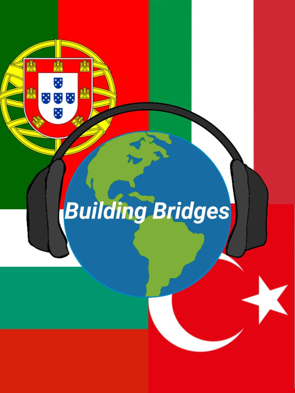 Bandiere, pianeta terra e cuffie audio. Copertina podcast Erasmus+ Building Bridges