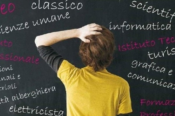 Studente perplesso davanti ad una lavagna con i nomi di diversi indirizzi di studio